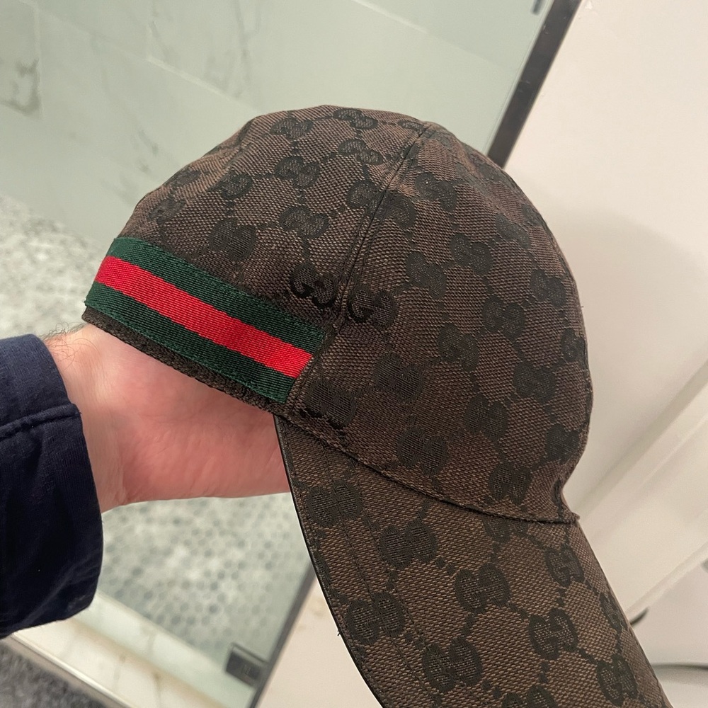 Gucci Black Monogram Cap with Green and Red Stripe